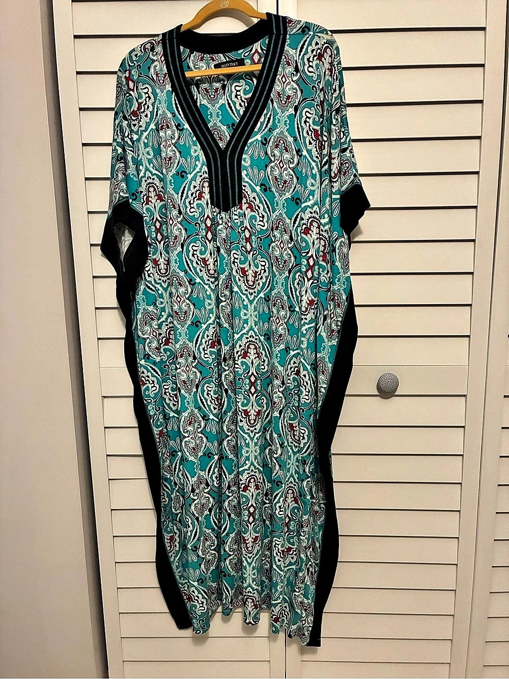 Ellen Tracy Paisley Maxi Robe/Caftan in Aqua Blue & Black L/XL NWOT